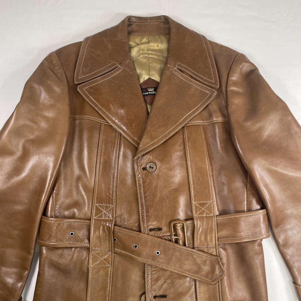 vintage CORTEFIEL Crown leather like BUTTA brown PATINA overcoat trench belted36